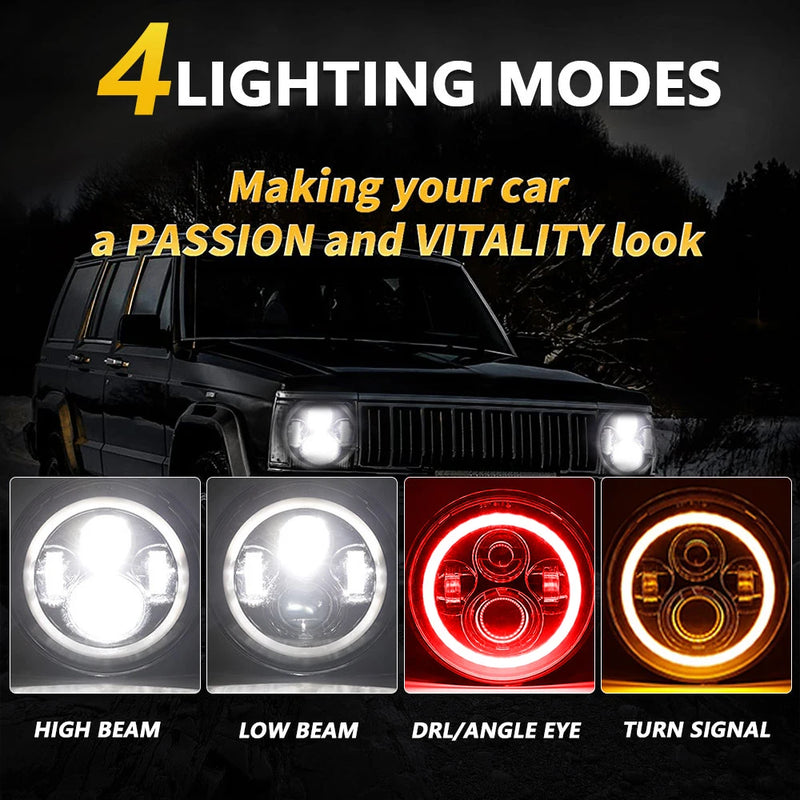 Phares LED 7 Pouces Halo Rouge Angel Eyes H4 Jeep Wrangler Universel