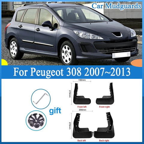 Garde-Boue Peugeot 308 I T7 2007-2013 Jeu de 4 Bavettes Avant et Arrière Noires