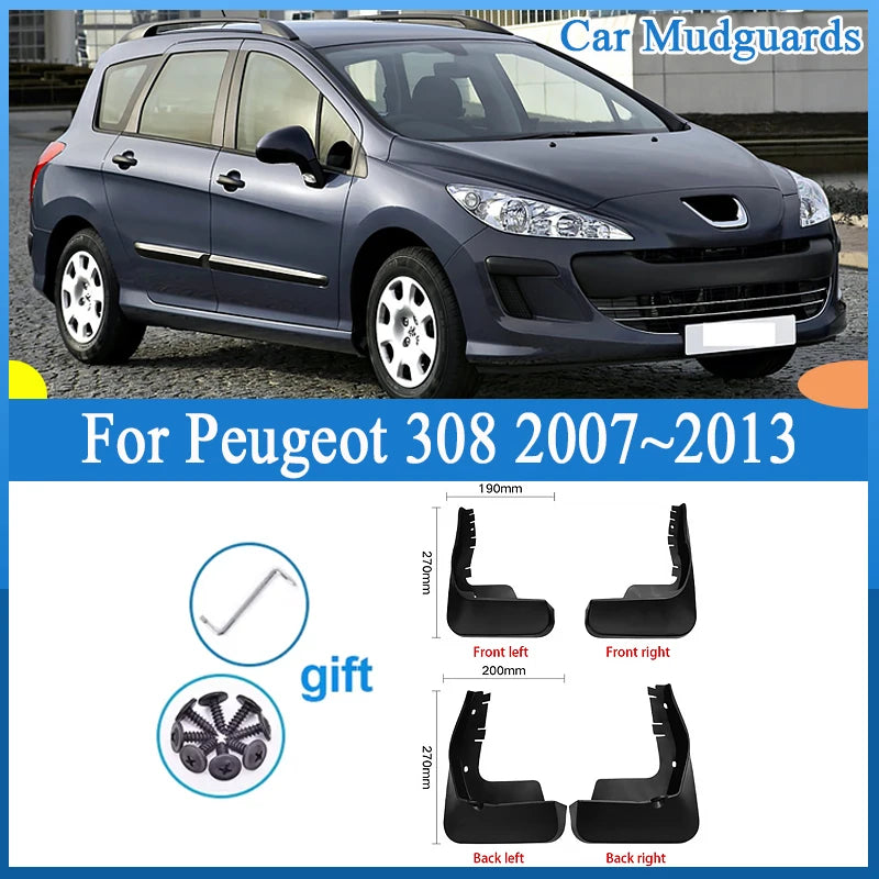 Garde-Boue Peugeot 308 I T7 2007-2013 Jeu de 4 Bavettes Avant et Arrière Noires