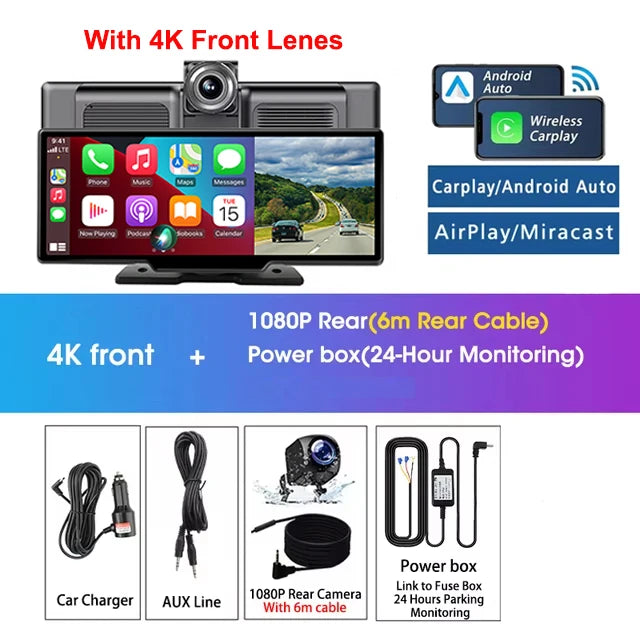 Dashcam Srnubi 10,26 Pouces 4K CarPlay Android Auto