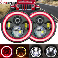 Phares LED 7 Pouces Halo Rouge Angel Eyes H4 Jeep Wrangler Universel