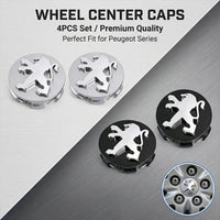 Cache-Moyeux Peugeot 60 mm Premium, Lot de 4, Argent ou Noir, 206, 207, 208, 307, 308, 408, 508, 2008, 3008, RCZ