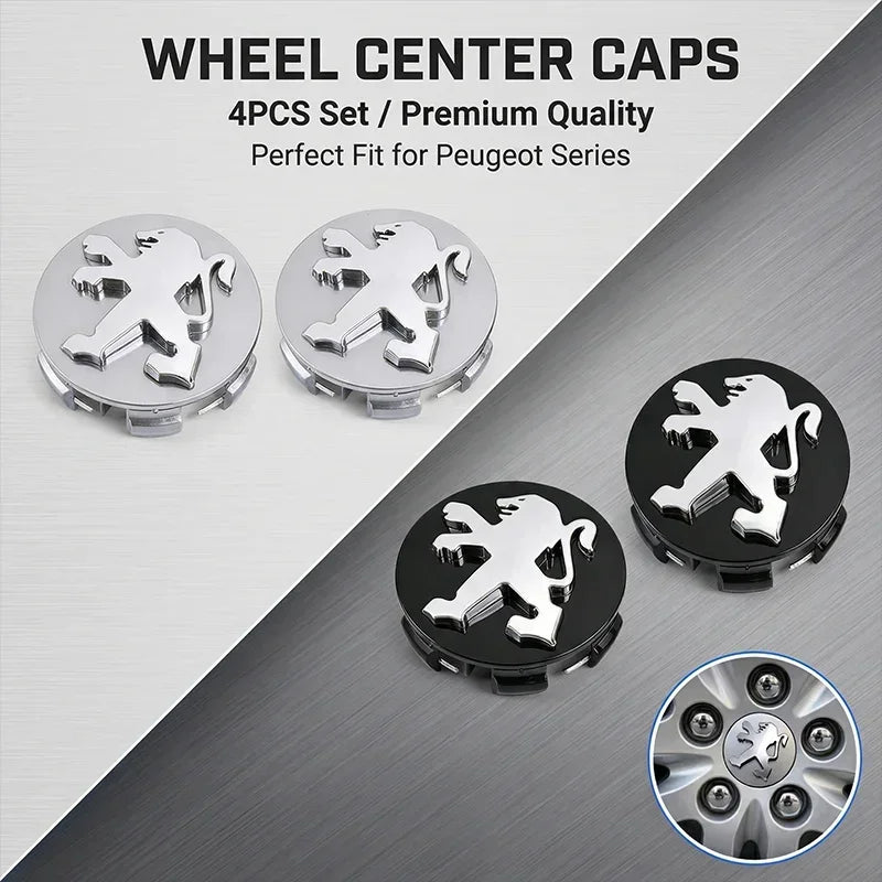 Cache-Moyeux Peugeot 60 mm Premium, Lot de 4, Argent ou Noir, 206, 207, 208, 307, 308, 408, 508, 2008, 3008, RCZ