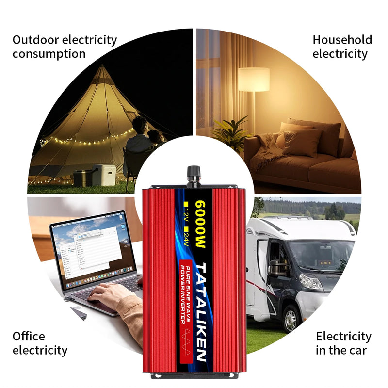 Convertisseur 12V 220V Voiture Pur Sinus 1000 à 6000 W Onduleur 12 V 24 V
