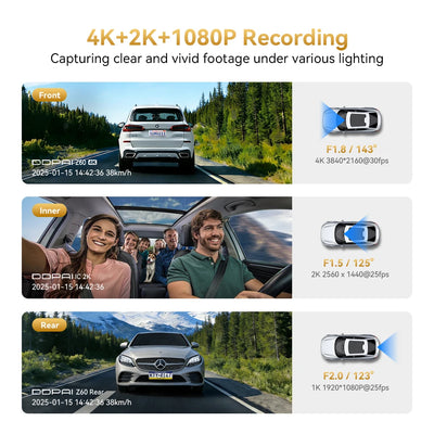 Dashcam DDPAI Z60T 3 Canaux 4K Avant Arrière Intérieur