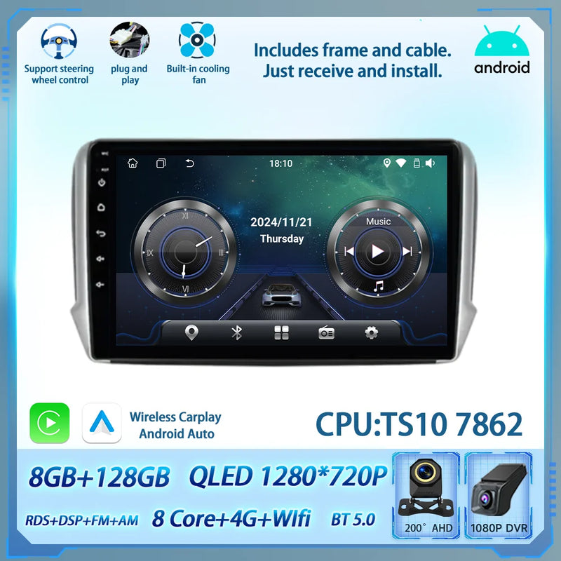 Autoradio CarPlay Peugeot 208 2008 2012-2018 Android Écran Tactile