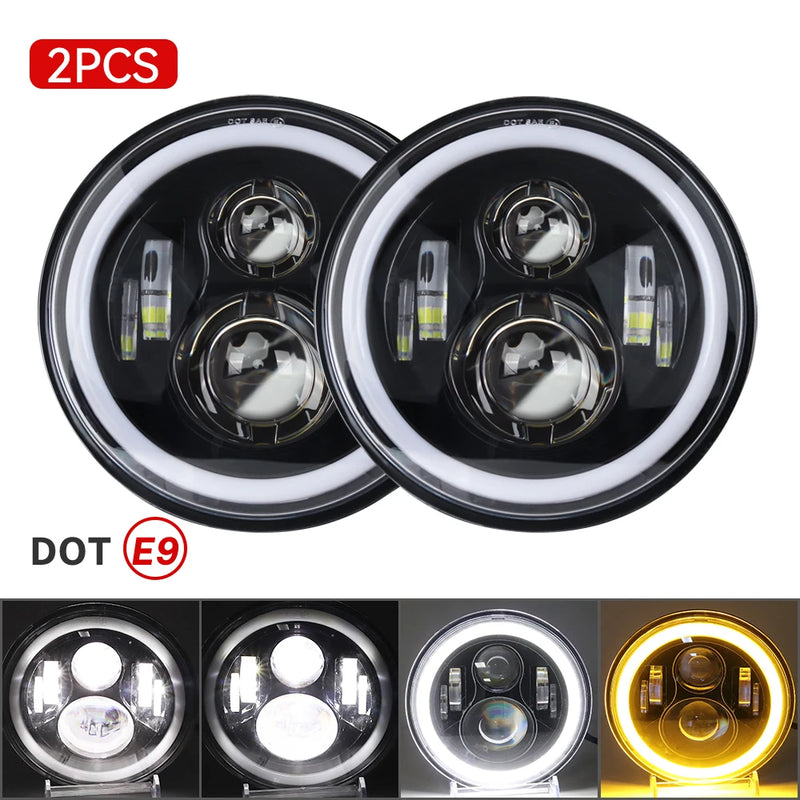 2 Phares LED Ronds 7 Pouces Halo Land Rover Defender Lada Niva Beetle Classique avec Culot H4 et Anneau Ambre