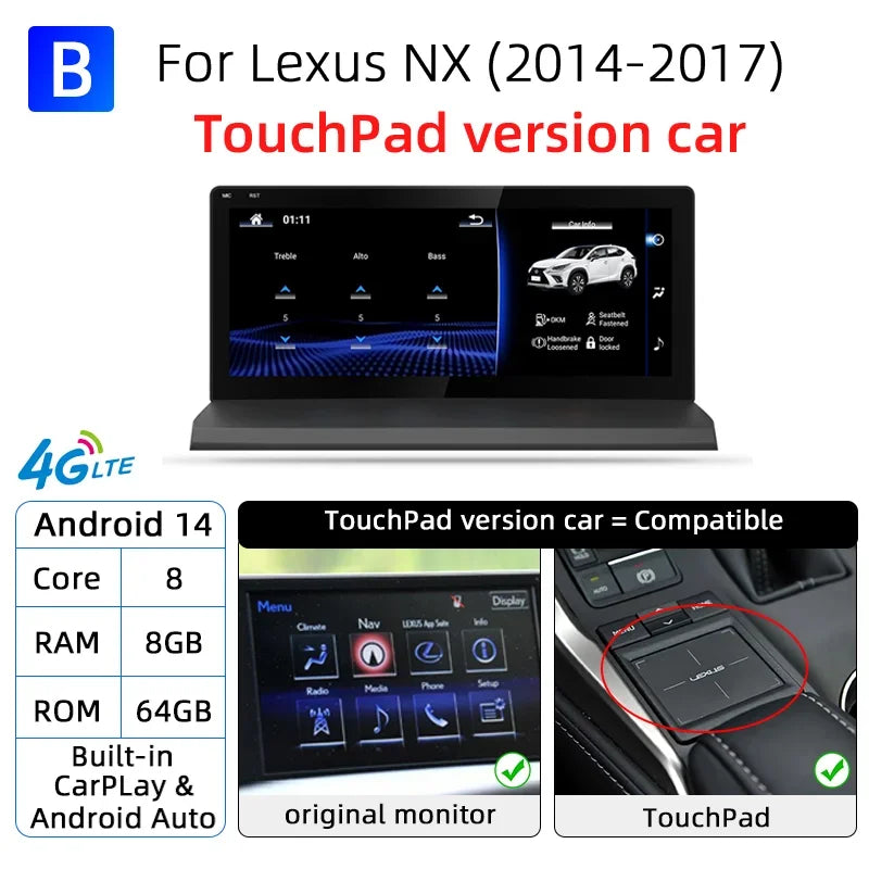 Autoradio Android 14 Lexus NX 200 200t 300h 2014-2021 Écran 10,25 Pouces CarPlay DSP GPS