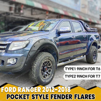 Élargisseurs d'Ailes Ford Ranger T6 T7 2012-2018 Style Poche 9 Pouces Noir Mat, Jeu de 6 Pièces