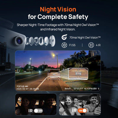 Dashcam 70mai T800E 4K 3 Canaux Commande Vocale