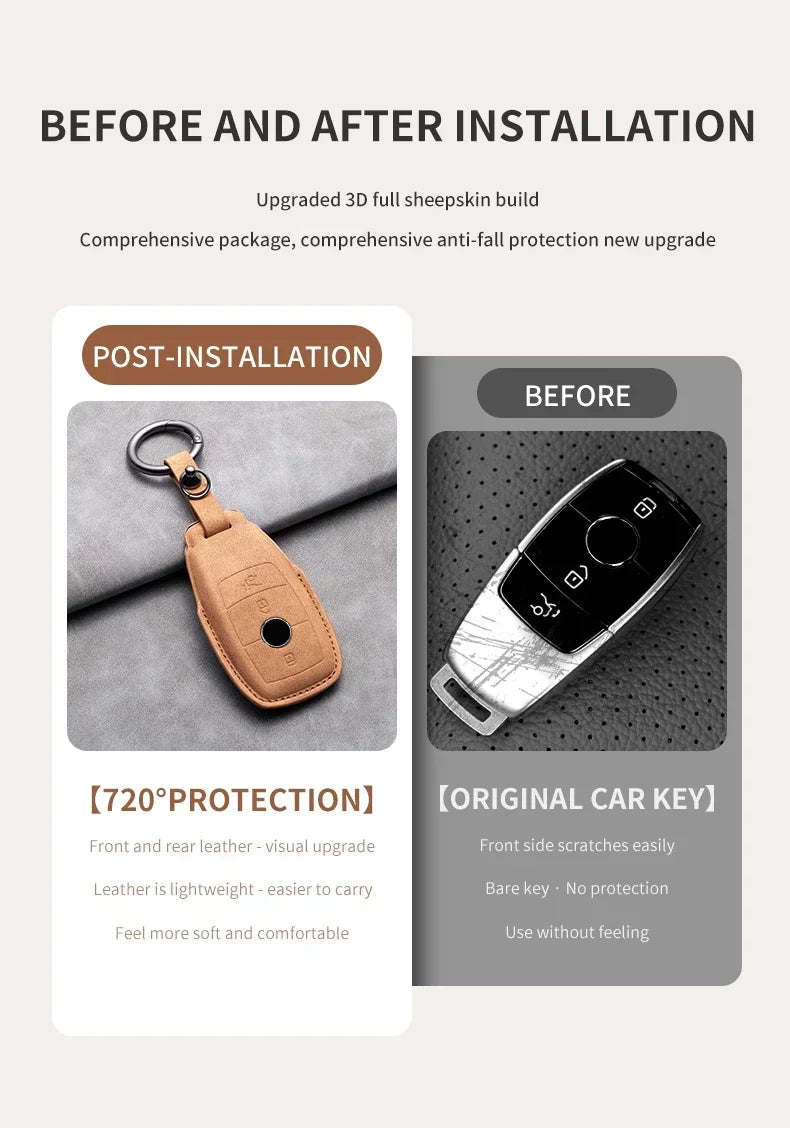 Étui de Protection Clé Mercedes Classe A B C E CLA GLC GLK W204 W205 W212 Cuir Velours