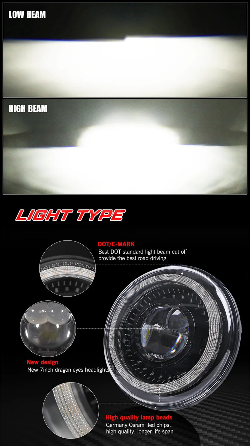 Phare Rond LED 7 Pouces Land Rover Defender Lada Niva Uaz Hunter 4x4 Anneau Halo Feu de Route Unité
