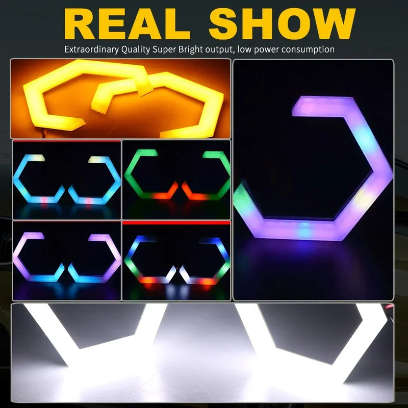 Hexagonale Angel-Eyes-LED-Ringe Bluetooth RGB 60 bis 90 mm