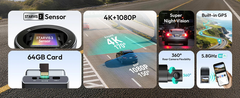 Dashcam Botslab Plus 4K HDR Avant et Arrière avec GPS, Wi-Fi 5 GHz et Capteur SONY STARVIS 2 Vision Nocturne