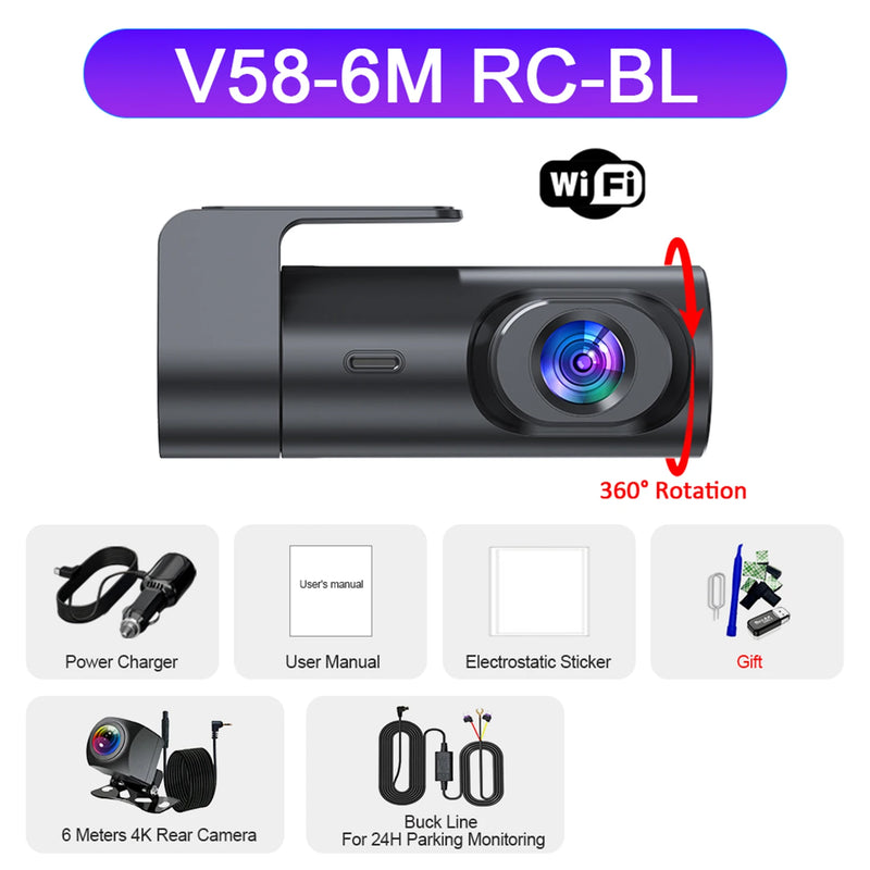 Dashcam 4K UHD Wi-Fi avec GPS, Caméra de Recul 4K en Option, Vision Nocturne et Surveillance de Stationnement 24 h