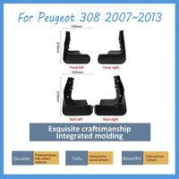 Garde-Boue Peugeot 308 I T7 2007-2013 Jeu de 4 Bavettes Avant et Arrière Noires