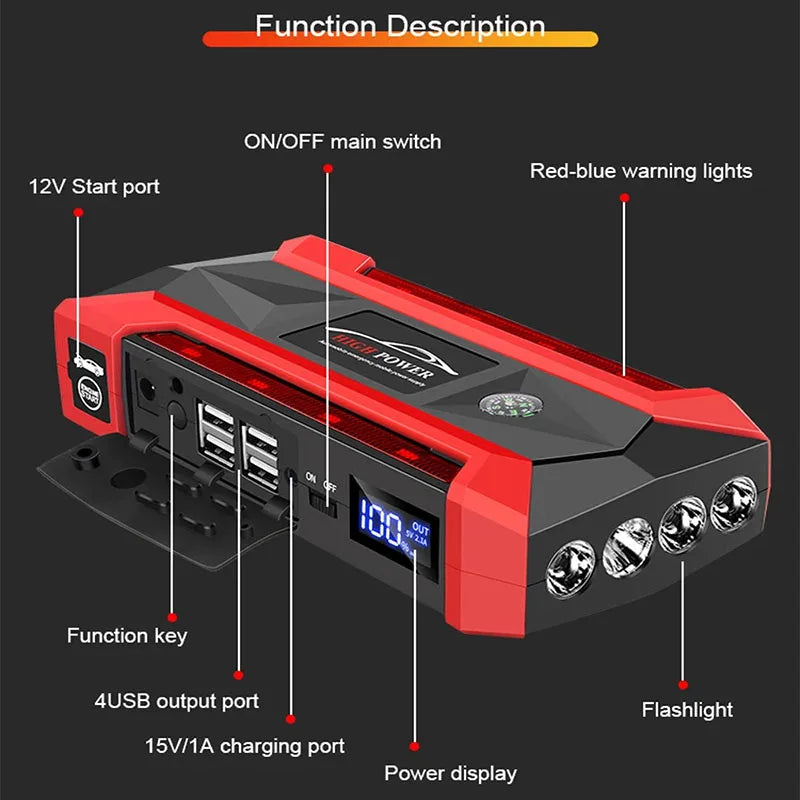 Booster de Batterie Voiture 12V Portable avec Lampe LED et Ports USB