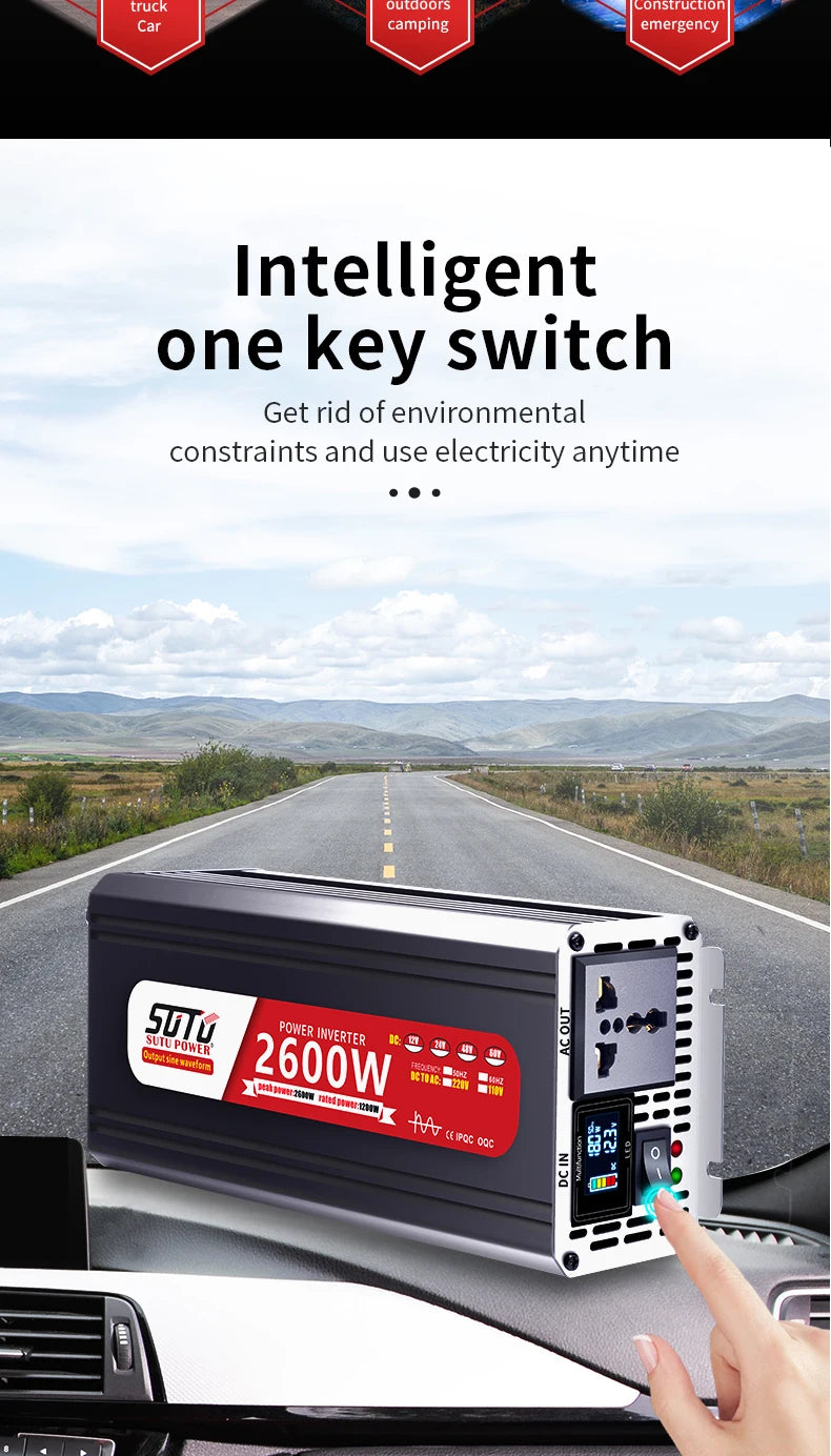 Convertisseur 12V 24V 220V Pur Sinus 1200 à 3000 W Onduleur Voiture Écran LCD