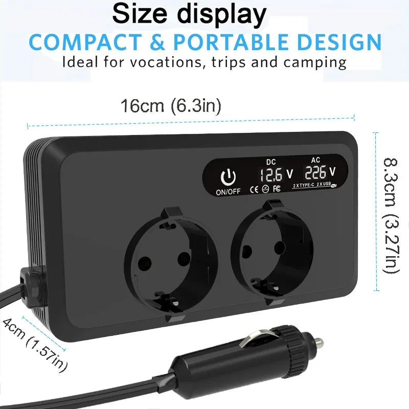 Convertisseur 12V 220V Voiture 200 W Allume-Cigare 2 Prises 2 USB 2 USB-C Écran LCD