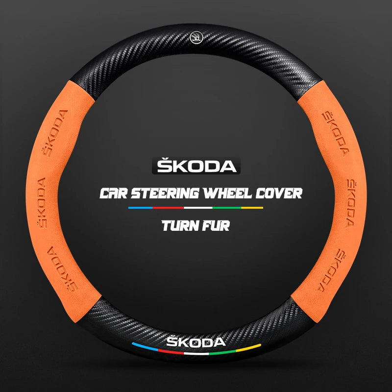 Couvre Volant Skoda Effet Carbone et Suédine, 37-38 cm, Forme D ou O, Octavia, Kodiaq, Karoq, Superb