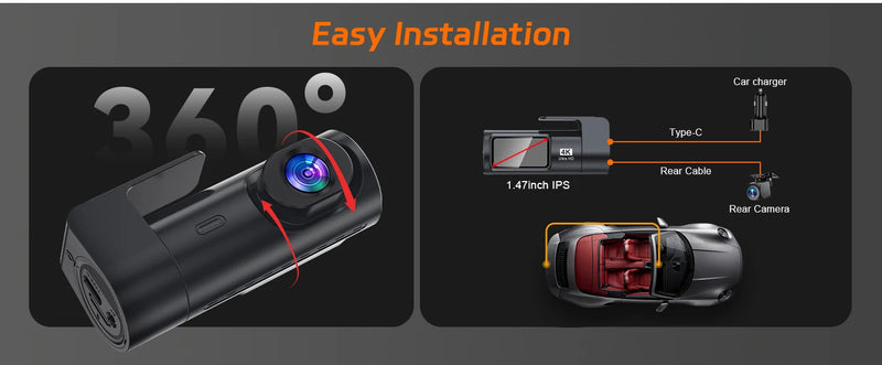 Dashcam 4K UHD Wi-Fi avec GPS, Caméra de Recul 4K en Option, Vision Nocturne et Surveillance de Stationnement 24 h