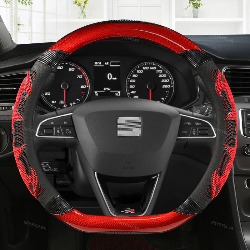 Couvre Volant Seat Leon FR, Ibiza, Arona, Ateca, Tarraco en Cuir Microfibre et Carbone 38 cm