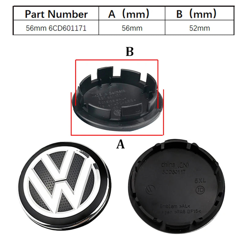 Cache-Moyeux Volkswagen VW Golf Polo Passat 55mm 76mm — vue de face