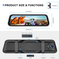 Dashcam Miroir Podofo 4K Écran Tactile 9,66 Pouces avec Caméra de Recul, Vision Nocturne et Surveillance 24 h