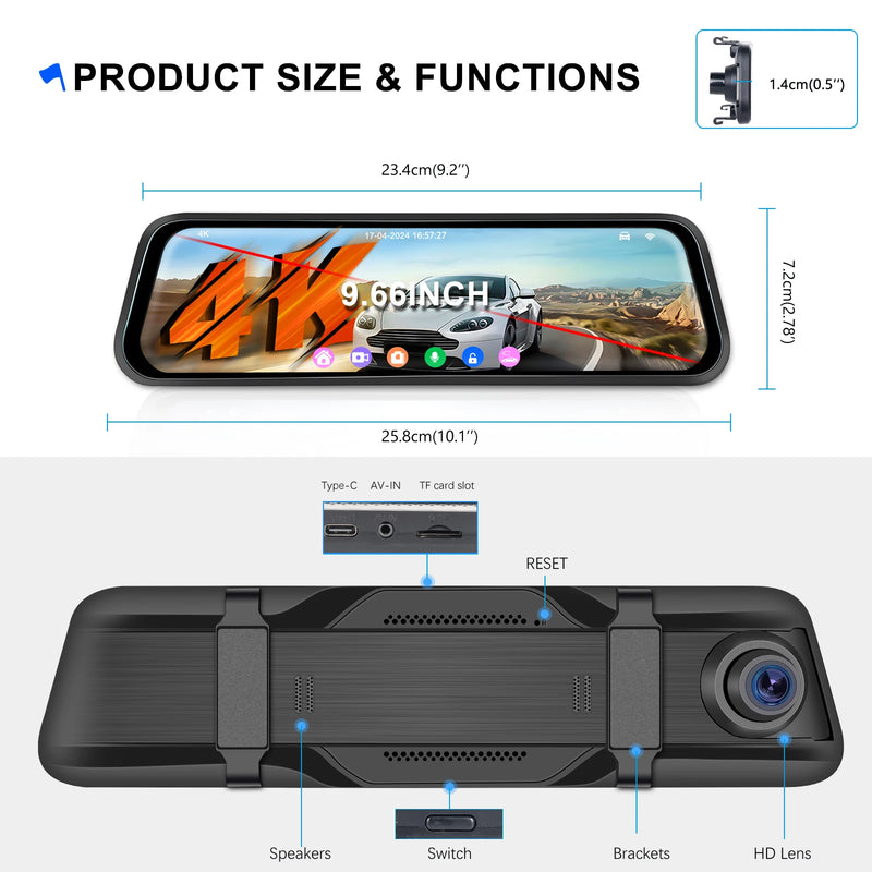 Dashcam Miroir Podofo 4K Écran Tactile 9,66 Pouces avec Caméra de Recul, Vision Nocturne et Surveillance 24 h