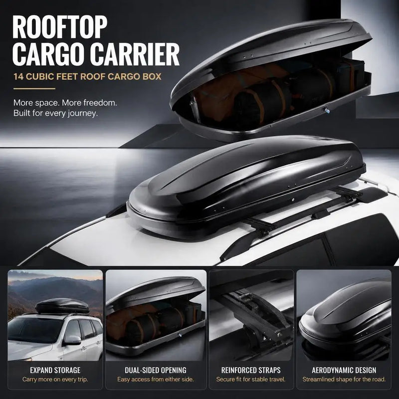 Coffre de Toit 370 L Rigide en ABS Aérodynamique Ouverture Double Face avec Serrure et 2 Sangles