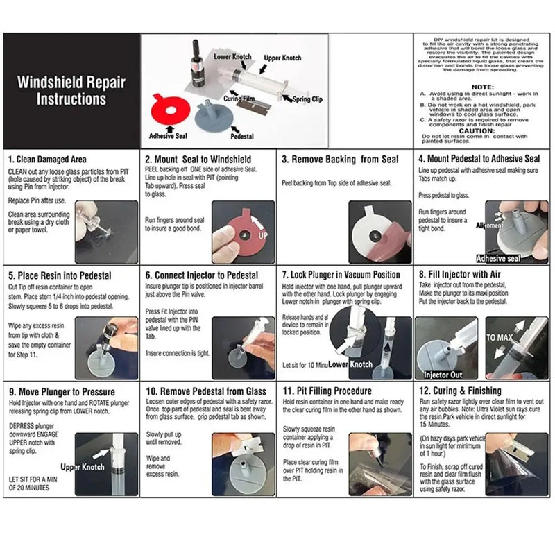 Kit de Réparation Pare-Brise Professionnel avec Seringue Résine Fissures et Impacts en Étoile