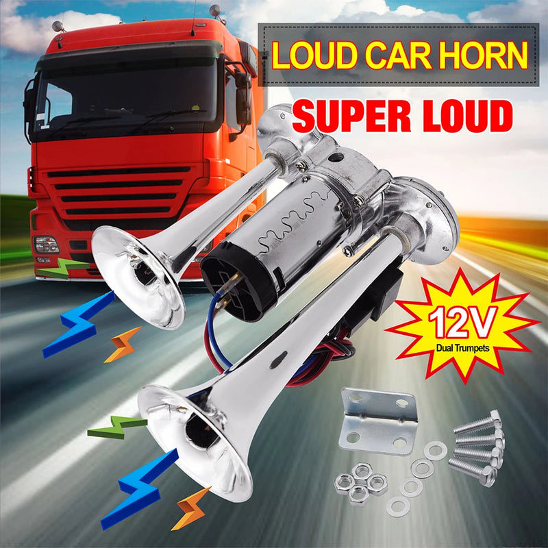 Klaxon à Air Double Trompette Chromée 12V 150 dB