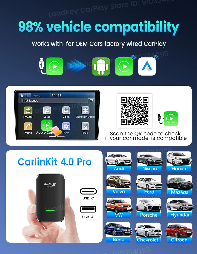 Boîtier CarPlay CarlinKit CP2A Pro Sans Fil Android Auto Wi-Fi 5 GHz
