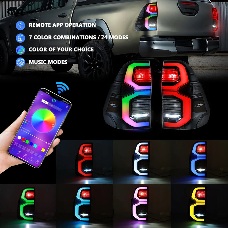Feux Arrière LED RGB Toyota Hilux 2015-2024 Commandés par Application, Paire Gauche et Droite