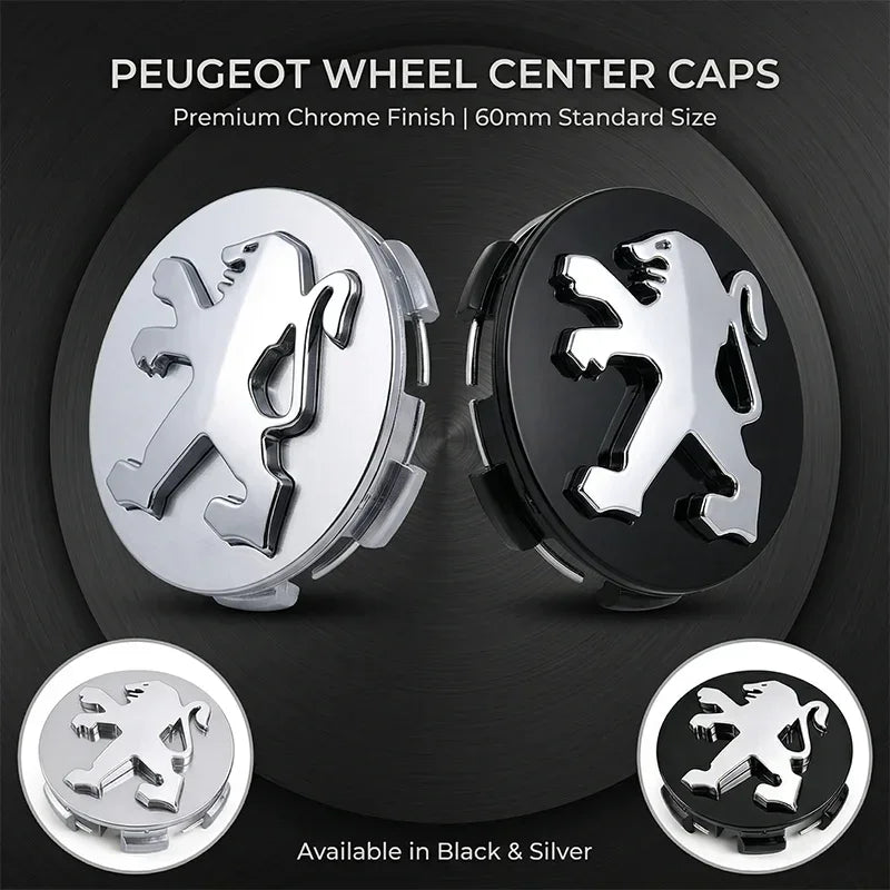 Cache-Moyeux Peugeot 60 mm Premium, Lot de 4, Argent ou Noir, 206, 207, 208, 307, 308, 408, 508, 2008, 3008, RCZ