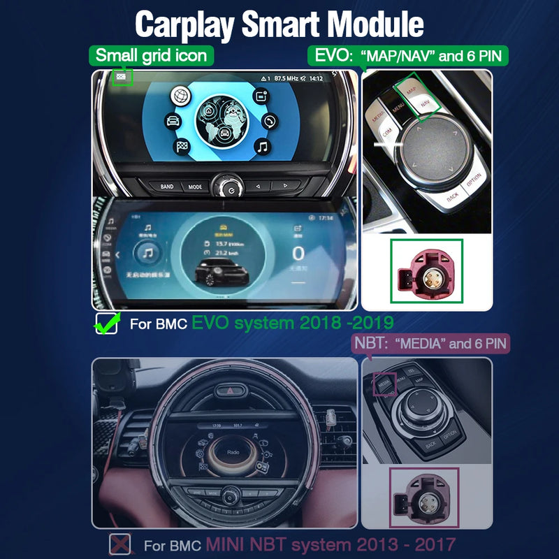 Boîtier CarPlay Sans Fil Android Auto Mini Cooper R55 R56 R57 R58 R60 R61 F54 F55 F56 Clubman Countryman