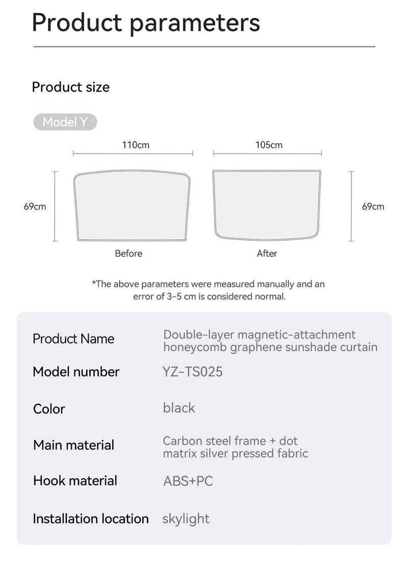Pare-Soleil de Toit Tesla Model Y Juniper 2025-2026 Graphène Magnétique Nid d'Abeille
