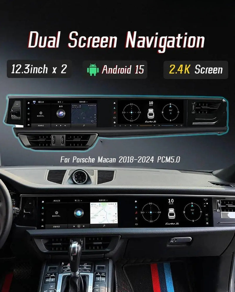 Autoradio Double Écran 12,3 + 12,3 Pouces Porsche Macan 2018-2024 Android CarPlay GPS 4G