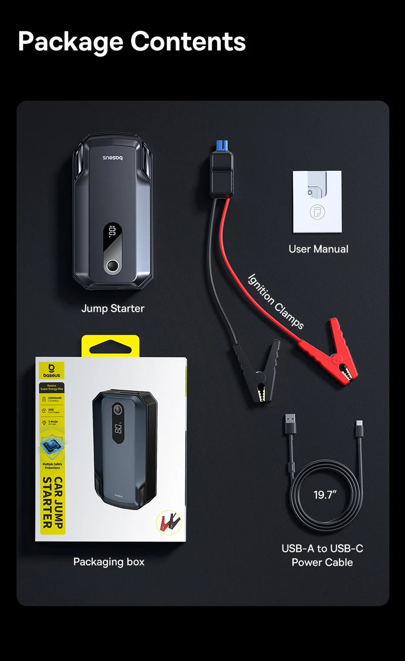 Baseus Booster de Batterie Voiture 2000 A 20 000 mAh Charge Rapide 30 W