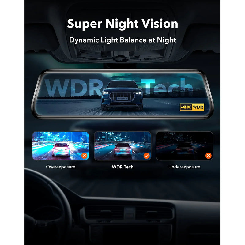 Dashcam Miroir Wolfbox G930 4K avec Écran Tactile, Wi-Fi 5,8 GHz, GPS et Caméra de Recul, Surveillance de Parking