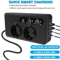 Convertisseur 12V 220V Voiture 200 W Allume-Cigare 2 Prises 2 USB 2 USB-C Écran LCD