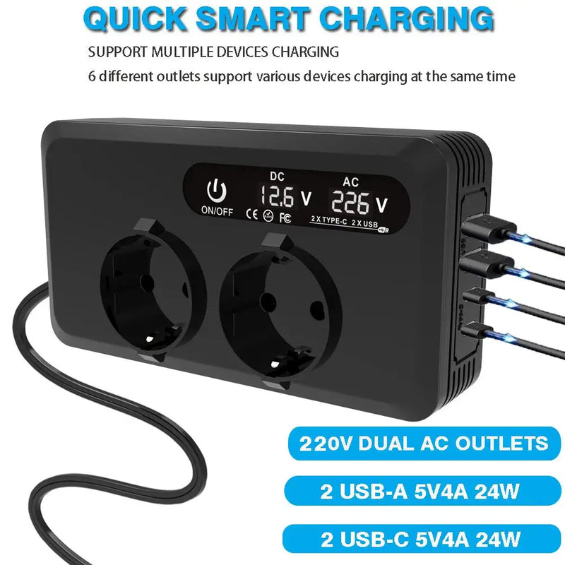 Convertisseur 12V 220V Voiture 200 W Allume-Cigare 2 Prises 2 USB 2 USB-C Écran LCD