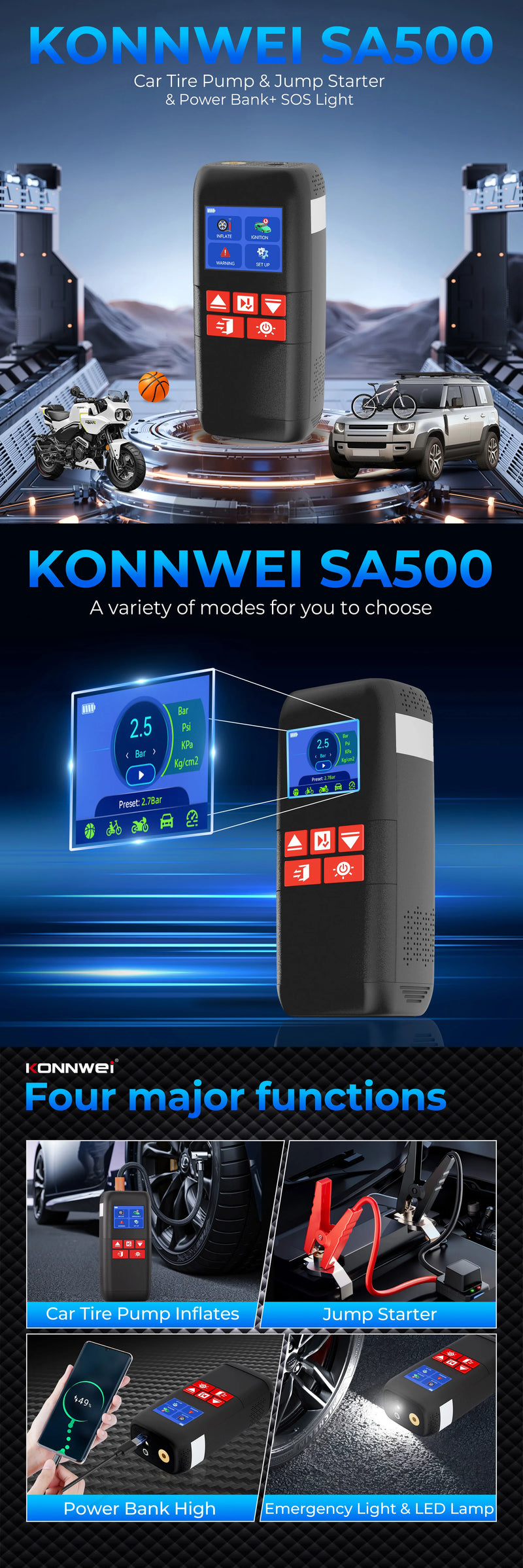 Booster de Batterie Voiture KONNWEI SA500 1000A avec Compresseur