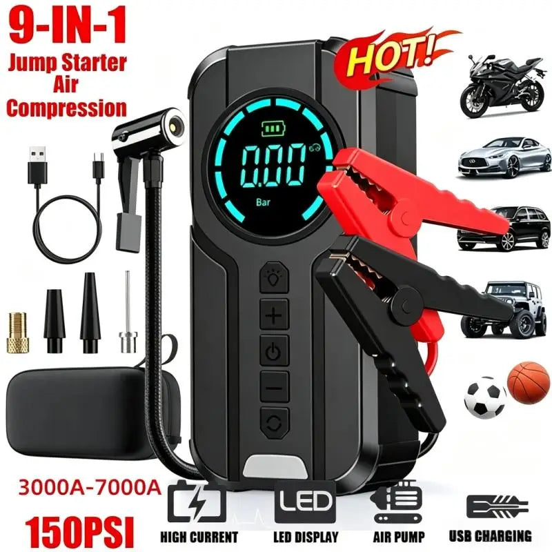 Booster de Batterie Voiture 6000 à 10000 mAh avec Compresseur d'Air