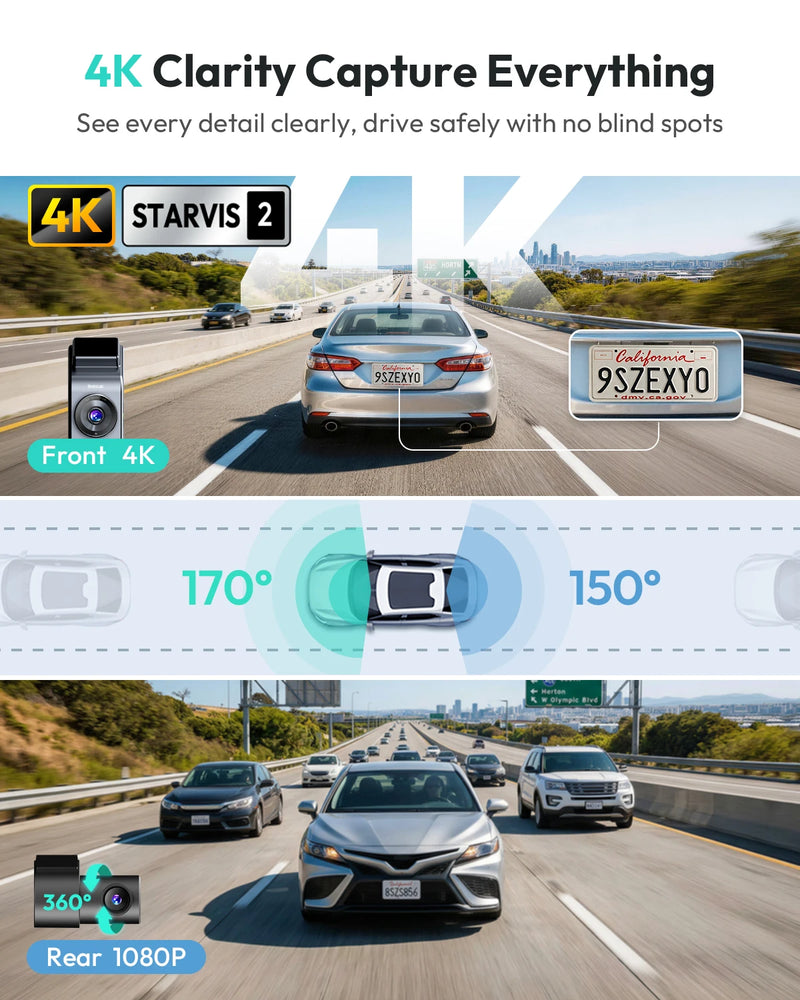 Dashcam Botslab Plus 4K HDR Avant et Arrière avec GPS, Wi-Fi 5 GHz et Capteur SONY STARVIS 2 Vision Nocturne