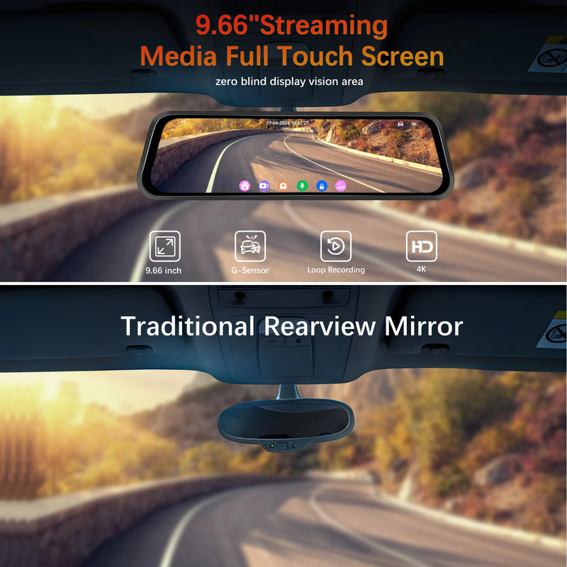 Dashcam Miroir Podofo 4K Écran Tactile 9,66 Pouces avec Caméra de Recul, Vision Nocturne et Surveillance 24 h