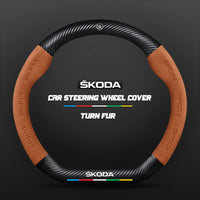 Couvre Volant Skoda Effet Carbone et Suédine, 37-38 cm, Forme D ou O, Octavia, Kodiaq, Karoq, Superb