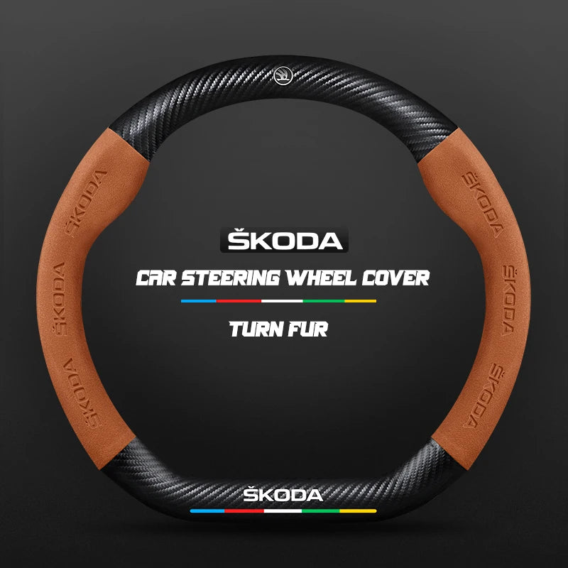 Couvre Volant Skoda Effet Carbone et Suédine, 37-38 cm, Forme D ou O, Octavia, Kodiaq, Karoq, Superb