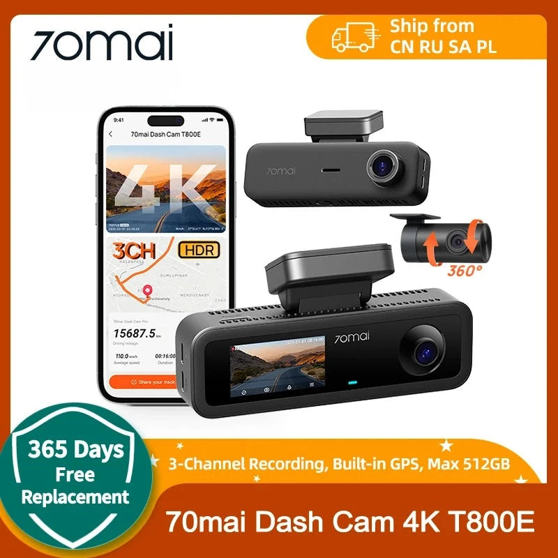 Dashcam 70mai T800E 4K 3 Canaux Commande Vocale