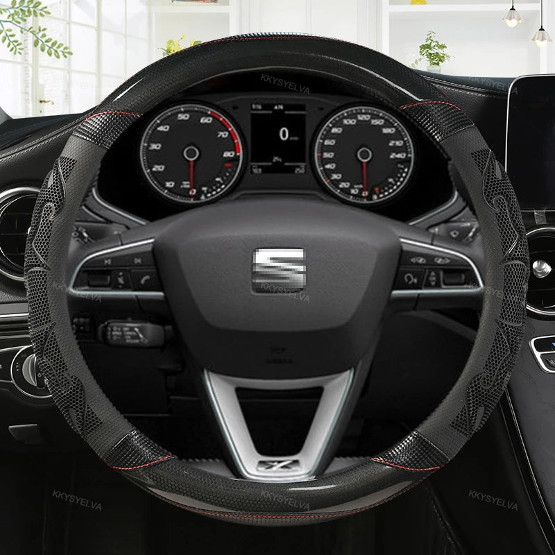 Couvre Volant Seat Leon FR, Ibiza, Arona, Ateca, Tarraco en Cuir Microfibre et Carbone 38 cm